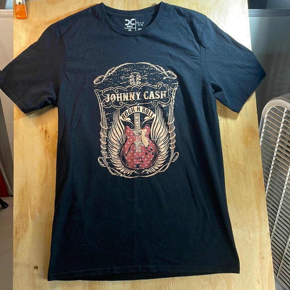 Johnny Cash Rock n Roll t-shirt black with gold letters, red guitar, size small.